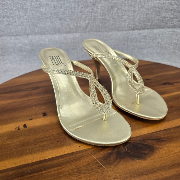 Pelle Moda Womens Gold Rhinestone Stiletto Thong Sandals Glass Stone Heels 6.5M - Picture 14 of 14
